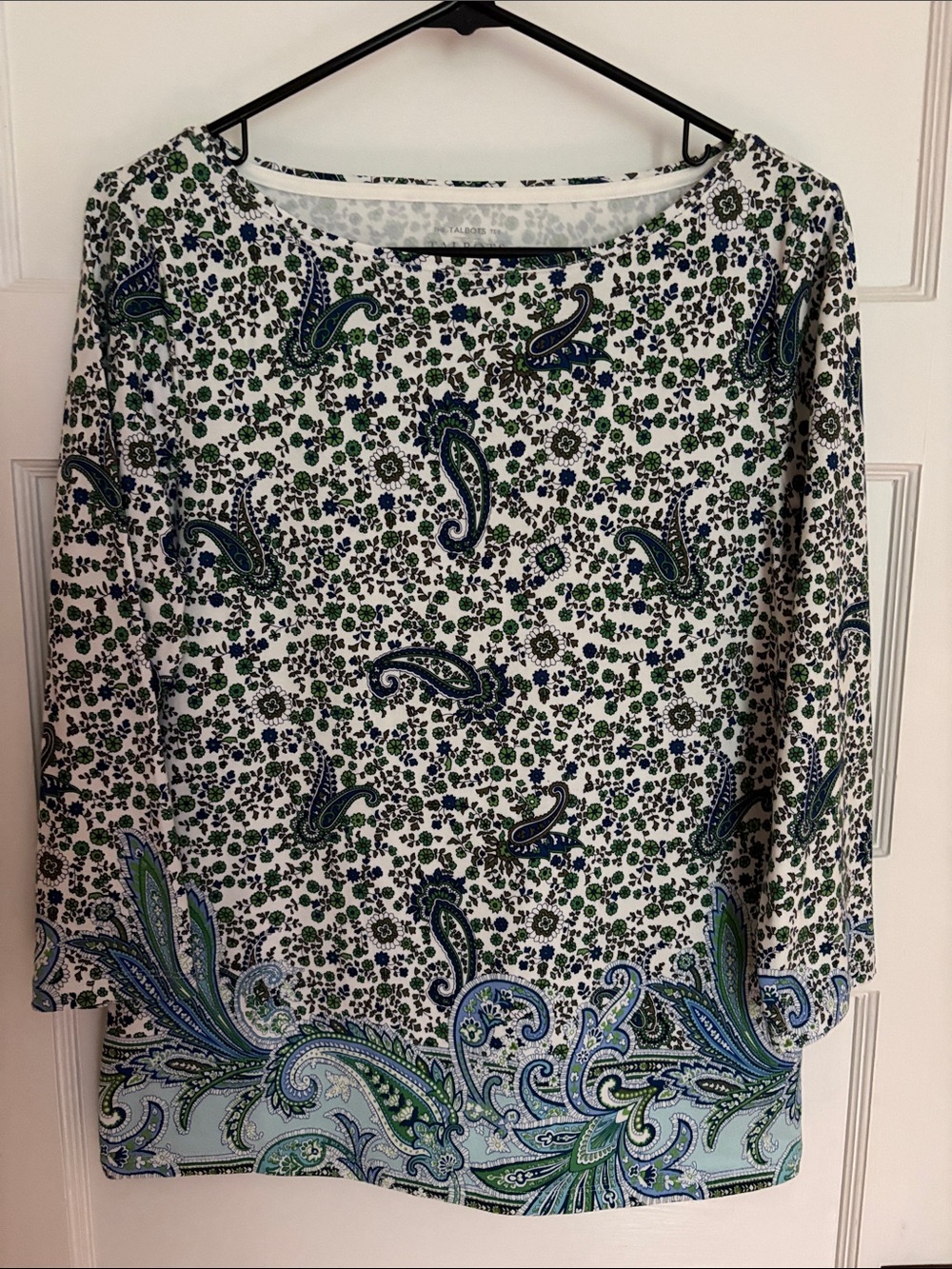 Talbots Paisley/Floral Long-Sleeve Tee. White/Blue/Green. Size M. Cotton/Spandex